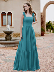 Square Neckline Ruched Chiffon Floor-length Dress Jade
