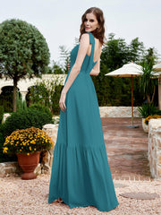 Square Neckline Ruched Chiffon Floor-length Dress Jade