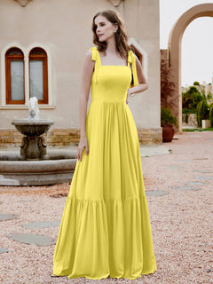 Square Neckline Ruched Chiffon Floor-length Dress Lemon