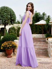 Square Neckline Ruched Chiffon Floor-length Dress Lilac