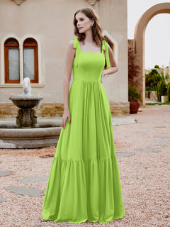 Square Neckline Ruched Chiffon Floor-length Dress Lime Green