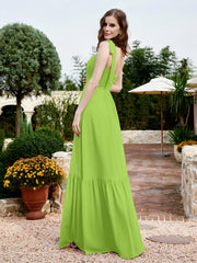 Square Neckline Ruched Chiffon Floor-length Dress Lime Green