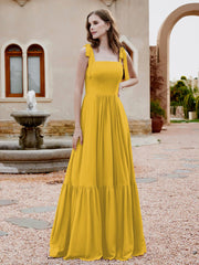 Square Neckline Ruched Chiffon Floor-length Dress Marigold