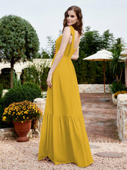 Square Neckline Ruched Chiffon Floor-length Dress Marigold