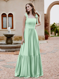 Square Neckline Ruched Chiffon Floor-length Dress Mint Green