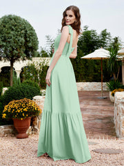 Square Neckline Ruched Chiffon Floor-length Dress Mint Green