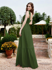 Square Neckline Ruched Chiffon Floor-length Dress Moss