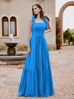 Square Neckline Ruched Chiffon Floor-length Dress Ocean Blue