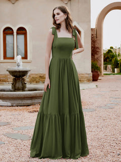 Square Neckline Ruched Chiffon Floor-length Dress Olive Green