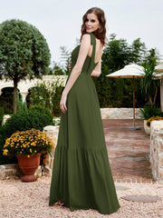 Square Neckline Ruched Chiffon Floor-length Dress Olive Green