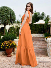 Square Neckline Ruched Chiffon Floor-length Dress Orange