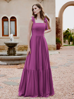 Square Neckline Ruched Chiffon Floor-length Dress Orchid