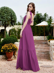 Square Neckline Ruched Chiffon Floor-length Dress Orchid