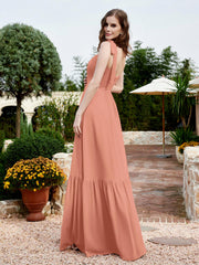 Square Neckline Ruched Chiffon Floor-length Dress Papaya