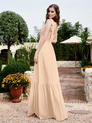 Square Neckline Ruched Chiffon Floor-length Dress Peach