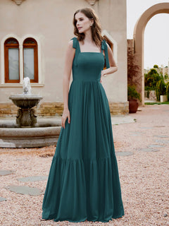 Square Neckline Ruched Chiffon Floor-length Dress Peacock