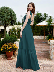 Square Neckline Ruched Chiffon Floor-length Dress Peacock