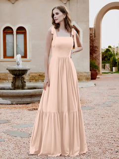 Square Neckline Ruched Chiffon Floor-length Dress Pearl Pink