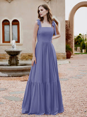 Square Neckline Ruched Chiffon Floor-length Dress Periwinkle