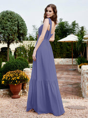 Square Neckline Ruched Chiffon Floor-length Dress Periwinkle