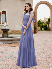 Square Neckline Ruched Chiffon Floor-length Dress Periwinkle