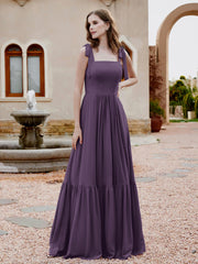 Square Neckline Ruched Chiffon Floor-length Dress Plum