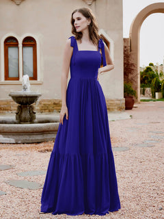 Square Neckline Ruched Chiffon Floor-length Dress Royal Blue