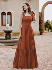 Square Neckline Ruched Chiffon Floor-length Dress Rust