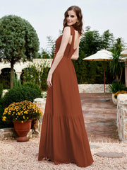 Square Neckline Ruched Chiffon Floor-length Dress Rust
