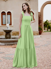 Square Neckline Ruched Chiffon Floor-length Dress Sage
