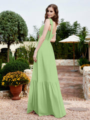 Square Neckline Ruched Chiffon Floor-length Dress Sage