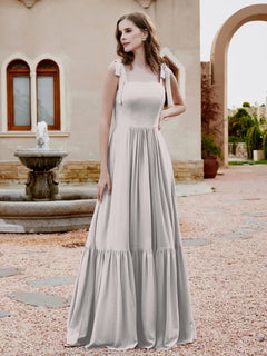 Square Neckline Ruched Chiffon Floor-length Dress Silver