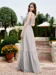 Square Neckline Ruched Chiffon Floor-length Dress Silver