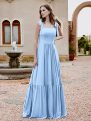 Square Neckline Ruched Chiffon Floor-length Dress Sky Blue