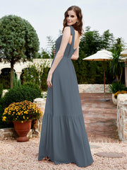 Square Neckline Ruched Chiffon Floor-length Dress Slate Blue