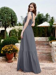 Square Neckline Ruched Chiffon Floor-length Dress Steel Grey