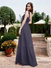 Square Neckline Ruched Chiffon Floor-length Dress Stormy
