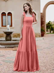 Square Neckline Ruched Chiffon Floor-length Dress Sunset