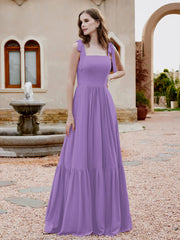 Square Neckline Ruched Chiffon Floor-length Dress Tahiti