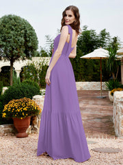 Square Neckline Ruched Chiffon Floor-length Dress Tahiti