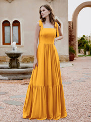 Square Neckline Ruched Chiffon Floor-length Dress Tangerine