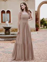 Square Neckline Ruched Chiffon Floor-length Dress Taupe