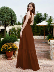 Square Neckline Ruched Chiffon Floor-length Dress Terracotta
