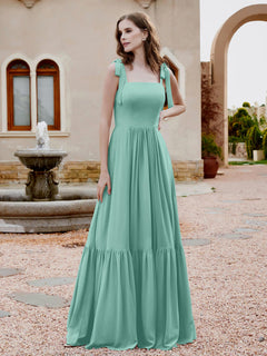 Square Neckline Ruched Chiffon Floor-length Dress Turquoise