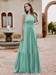 Square Neckline Ruched Chiffon Floor-length Dress Turquoise Plus Size