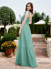 Square Neckline Ruched Chiffon Floor-length Dress Turquoise