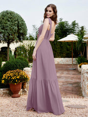 Square Neckline Ruched Chiffon Floor-length Dress Vintage Mauve