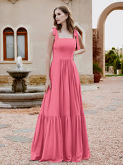Square Neckline Ruched Chiffon Floor-length Dress Watermelon