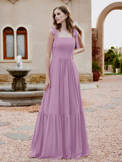 Square Neckline Ruched Chiffon Floor-length Dress Wisteria