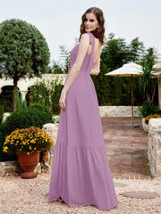 Square Neckline Ruched Chiffon Floor-length Dress Wisteria